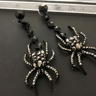 Black Glass With Gun Metal Rhinestone Spider Drop Earrings Large Statement