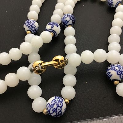 Trafari Vintage Milk Glass Beads With Colbalt Blue Porcelain Ceramic Beads