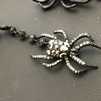 Black Glass With Gun Metal Rhinestone Spider Drop Earrings Large Statement