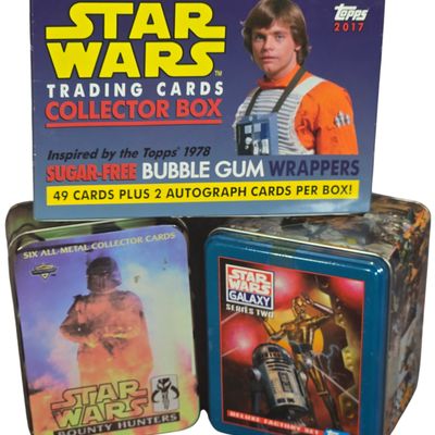 Three Star Wars Trading Card Sets Including 2017 Topps Sugar-Free Gum Collector Box and Two Factory Sealed Tins