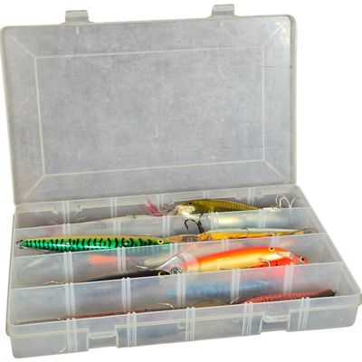 An Assortment of Bagley, Rapala, and Dardevle Fishing Lures in a Plano Tackle Box