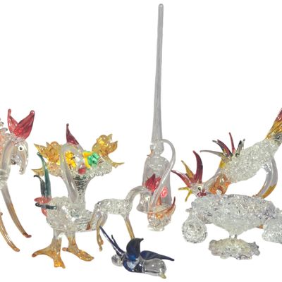 A Collection of Eleven Vintage Hand-Blown Spun Glass Animal Figurines and Decorative Objects