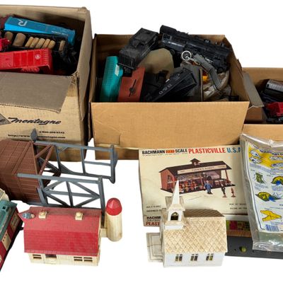 A Collection of Vintage American Flyer and Bachmann Plasticville Model Railroad Equipment and Accessories