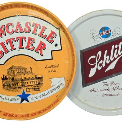 Two Vintage Newcastle Bitter and Schlitz Metal Beer Advertising Trays