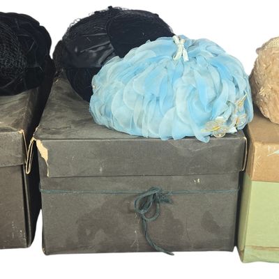 A Collection of Four Mid-Century Women's Millinery Hats and Three Vintage Hat Boxes
