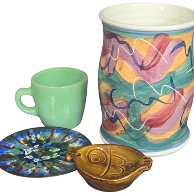 A Collection of American Art Pottery, Jadeite Glass, and Enamelware including McCoy and Fire-King