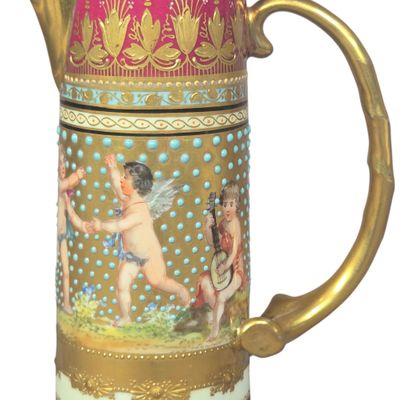 Ambrosius Lamm Dresden Chocolate pot Hand Painted Porcelain Lidded Pitcher with Jeweled Enamel