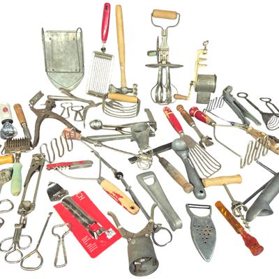 An Assortment of Vintage and Antique Kitchen Utensils and Gadgets including Ekco and Nuroll