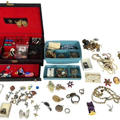 An Assortment of Vintage and Contemporary Costume Jewelry with a Two-Tier Jewelry Box and Organizers