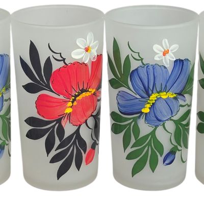 A Set of Six Hazel-Atlas Frosted Glass Floral Tumblers
