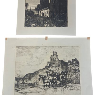 Two Leslie Cope Signed and Numbered Etchings The Gleaners and The Barn at Dusk