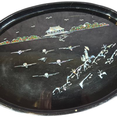 Vintage Korean Najeon Chilgi Mother of Pearl Inlaid Lacquer Tray Dated 1965