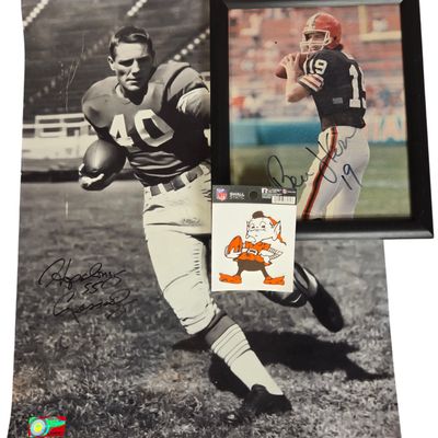 A Trio of Cleveland Browns Memorabilia Featuring Signed Photographs and Mascot Decal