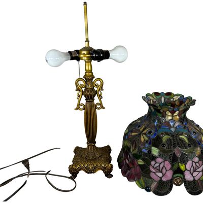 Leaded Glass Butterfly and Rose Motif Table Lamp with Gilded Cast Metal Base