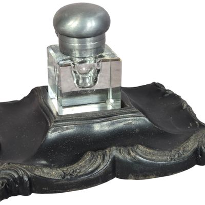 French Rococo Revival Gutta-Percha and Crystal Desk Inkwell Set