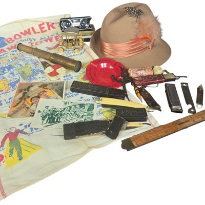 An Assortment of Vintage Estate Collectibles Including Hohner Harmonica Stanley Rule and Doeskin Felt Hat
