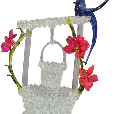 Hand Blown Spun Glass Wishing Well Figurine with Blue Bird and Pink Flowers