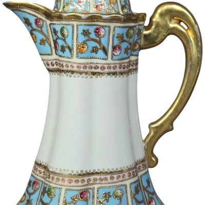 Nippon Hand Painted Moriage and Jeweled Porcelain Chocolate Pot