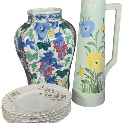 An Assortment of E. Radford Hand-Painted Pitcher, Japanese Porcelain Vase, and German Porcelain Plates