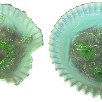 Two Jefferson Glass Company Green Opalescent Ruffled Bowls