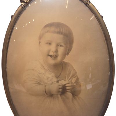 Antique Oval Metal Frame with Convex Bubble Glass and Portrait