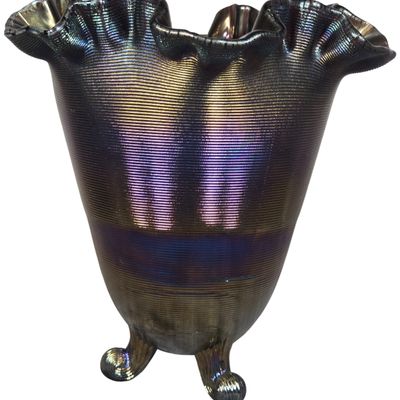 Fenton Amethyst Carnival Glass Fine Rib Three Footed Ruffled Vase