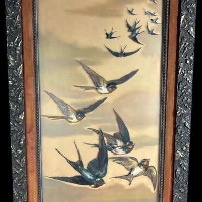 Victorian Mixed Media Relief Oil Paint on Glass Painting of Swallows in Flight