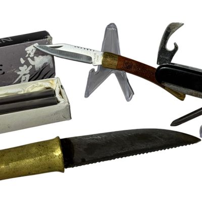 Four Folding and Fixed Blade Knives including Valor Ninja Balisong and Solingen Multi-Tool