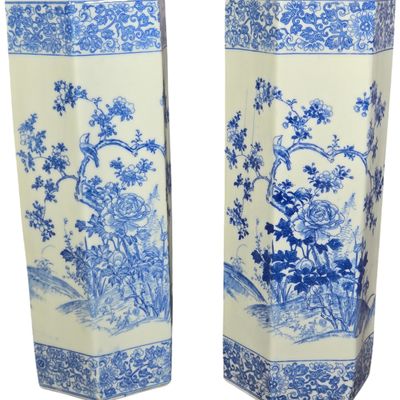 A Pair of Chinese Blue and White Porcelain Hexagonal Vases