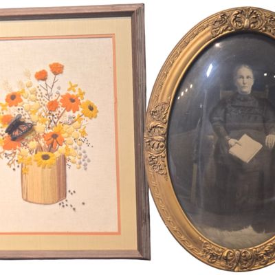 Two Framed Items Including an Antique Crayon Portrait and a Vintage Crewel Embroidery