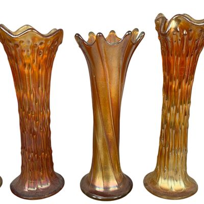 A Group of Five Antique Marigold Carnival Glass Swung Vases Including Tree Trunk and Ripple Patterns