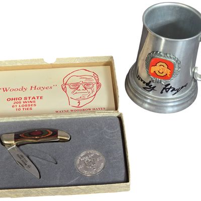 Two Woody Hayes Ohio State Buckeyes Commemorative Items Including Pocket Knife Set and Tankard