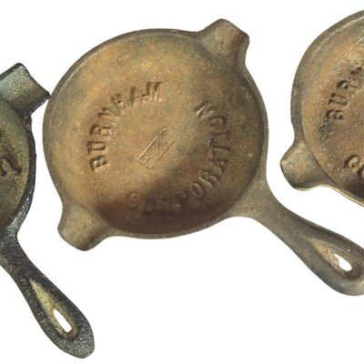 Three Miniature Cast Iron Advertising Skillet Ashtrays Including Theo. Hess & Martin and Burnham Corporation