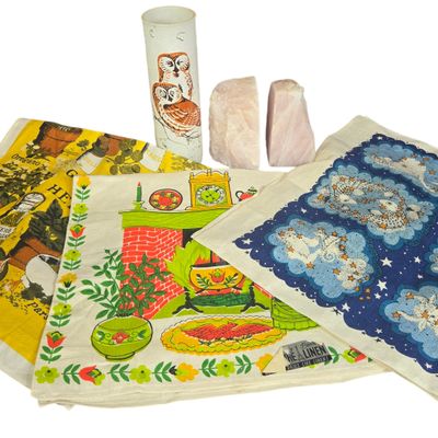 An Assortment of Vintage Items Including Kay Dee Handprints Linen Tea Towels, Rose Quartz Bookends, and an Owl Motif Vessel