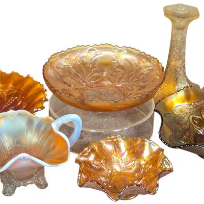 Seven Piece Collection of American Carnival Glass Including Northwood, Fenton, and Imperial Glass Patterns