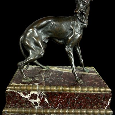Bronze Sighthound Sculpture on Brecciated Red Marble Base