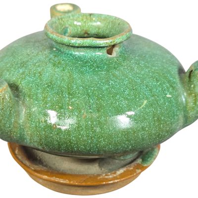 Chinese Yuan to Early Ming Dynasty Copper Green Glazed Three Nozzle Ritual Oil Lamp