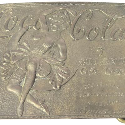 Tiffany Studio New York Brass Coca-Cola Trans-Pan Exposition Souvenir Belt Buckle
