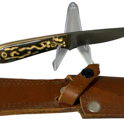 Damascus Steel Fixed Blade Knife with Stag Handle and Leather Sheath