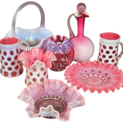 A Collection of Eight Fenton and American Cranberry and Pink Opalescent Glass Decorative Items