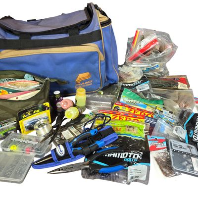 An Assortment of Freshwater Bass Fishing Tackle and Accessories with Plano Soft-Sided Bag