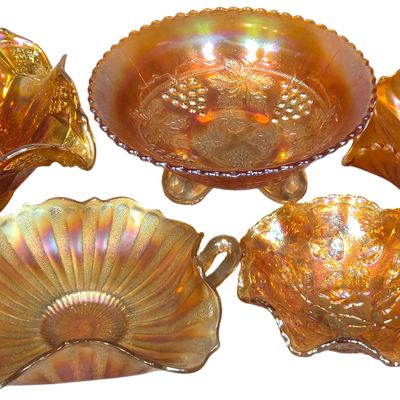 A Collection of Marigold Carnival Glass Bowls and Dishes