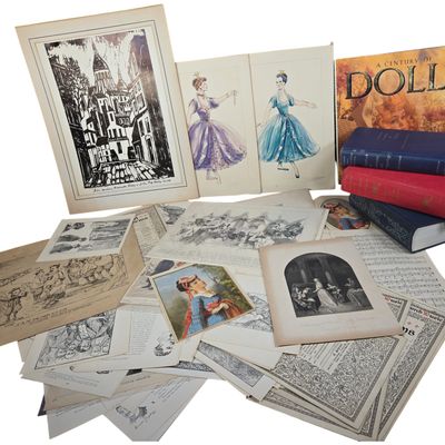 A Collection of Antique and Vintage Ephemera, Prints, and Reference Books including a Signed Woodcut and Original Watercolor Designs