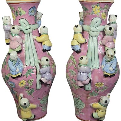 A Pair of Chinese Polychrome Porcelain Fertility Vases