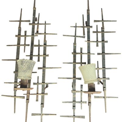 A Pair of Mid Century Modern Brutalist Torch Cut Metal Nail Art Wall Sconces