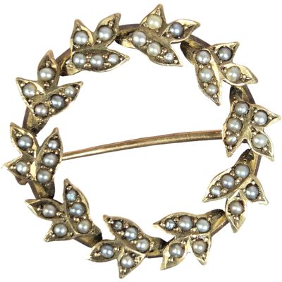 Antique 10 Karat Yellow Gold and Seed Pearl Wreath Brooch