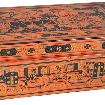 Burmese Cinnabar and Black Yun Lacquer Narrative Elephant Storage Box