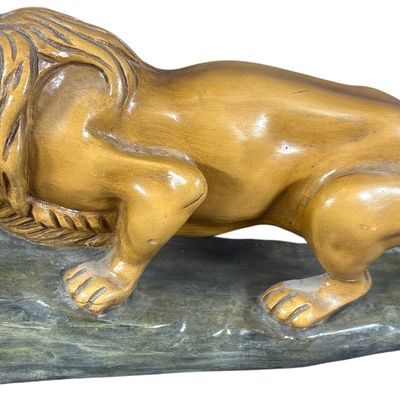 Large Hand-Carved Wood Folk Art Crouching Lion Sculpture
