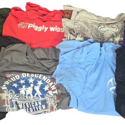 Nine Assorted Graphic and Athletic T-Shirts Including Piggly Wiggly Nike and American Fighter