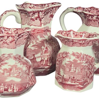A Set of Mason's Patent Ironstone Red Transferware Jugs in the Vista Pattern